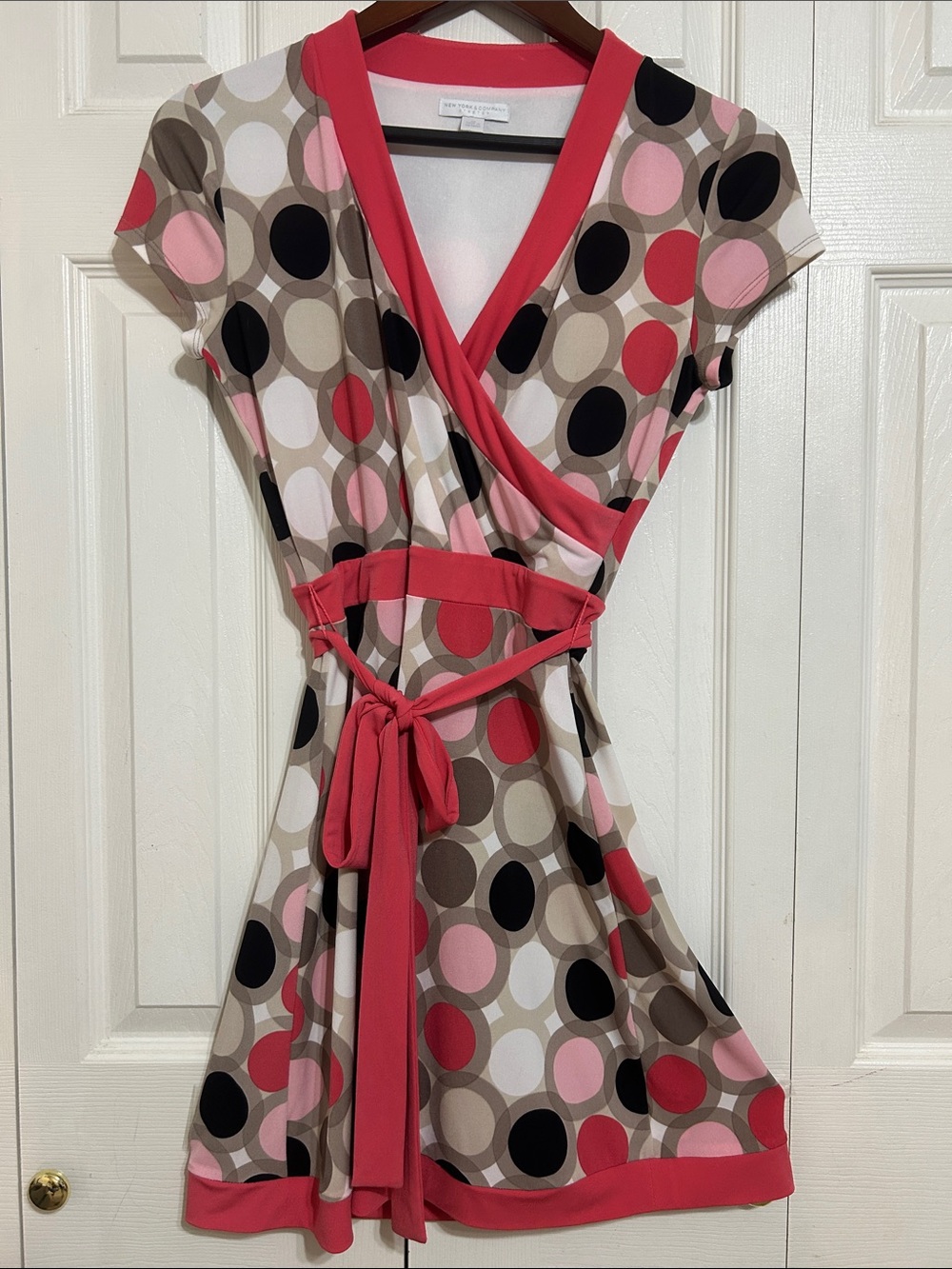 New York & Company Coral, Pink, Black and Beige Polka Dot Wrap Dress